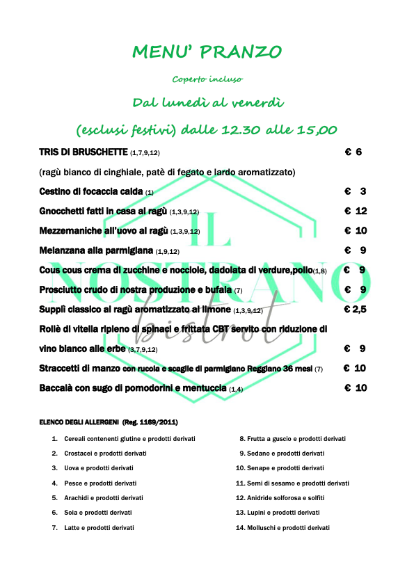 Menù pranzo a Viterbo Nostrano Bistrot: gnocchi fatti in casa, rollè di vitella CBT e specialità del giorno.