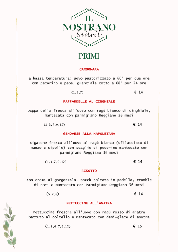 Primi piatti del Nostrano Bistrot: Carbonara a bassa temperatura, Pappardelle al Cinghiale e Genovese napoletana a Viterbo.