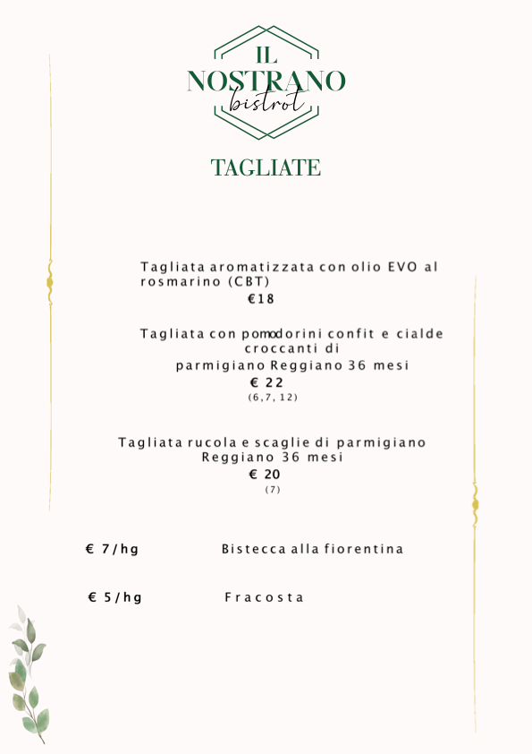 Le Tagliate del Nostrano Bistrot: tagliata di scottona a bassa temperatura (CBT), Fiorentina e Fracosta scottate su ghisa a Viterbo.